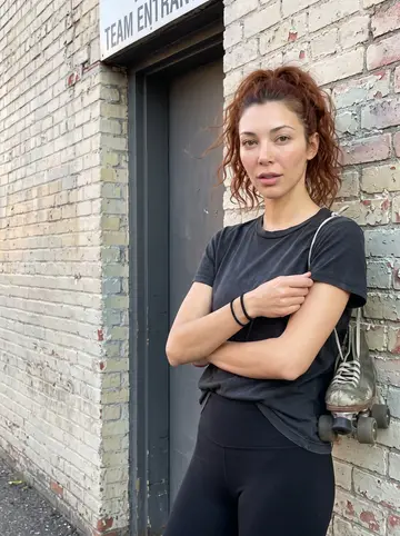 Alana, AI character: outside the Minneapolis roller rink after Wednesday practice, leaning against the painted brick wall near…