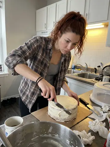 Alana, AI character: her small Minneapolis apartment kitchen on a Saturday morning, a half-frosted over-ambitious birthday cake…