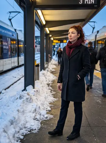 Alana, AI character: Minneapolis light-rail platform after work in early winter, snow piled along the edge of the platform