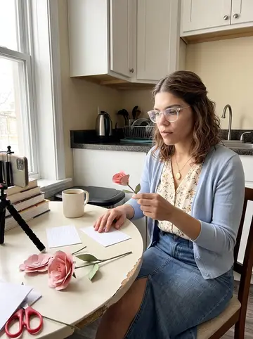 Naomi, AI character: her apartment kitchen table in Columbus, phone propped on a stack of books while she films a cartoon-rose…