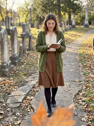 Naomi, AI character: an old Columbus cemetery path lined with orange leaves, reading epitaphs on a weekend walk