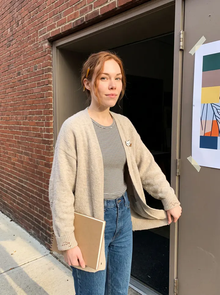 Fiona, AI character: outside her Lawrenceville shared workshop doorway in Pittsburgh, late afternoon, old brick wall and a…