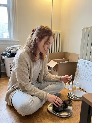 Fiona, AI character: her Lawrenceville apartment floor beside the radiator, cardboard kitten nursery box, formula bottles,…