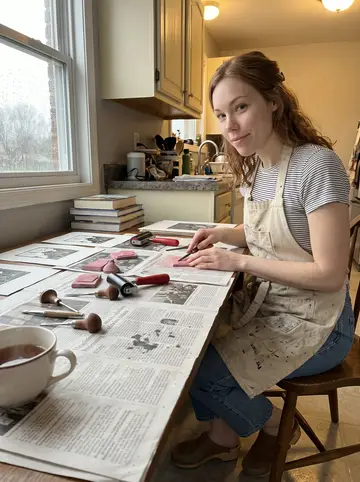 Fiona, AI character: her kitchen table on a rainy Sunday afternoon, linocut tools, pink eraser stamps, ink roller, mug of tea,…