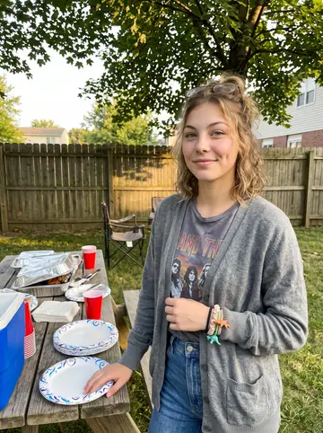 Samantha, AI character: a late-summer backyard cookout in Columbus, standing by a picnic table with foil trays and paper plates,…