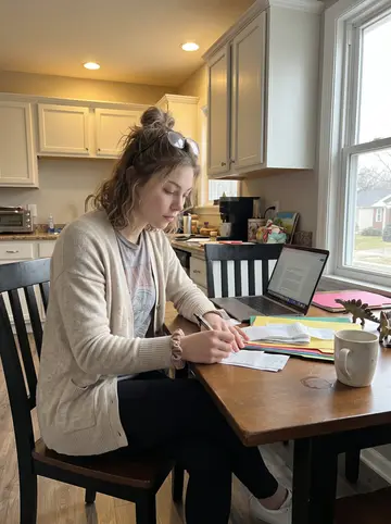Samantha, AI character: her Columbus kitchen table on a weekday morning, laptop open beside stacks of receipts, a coffee mug,…