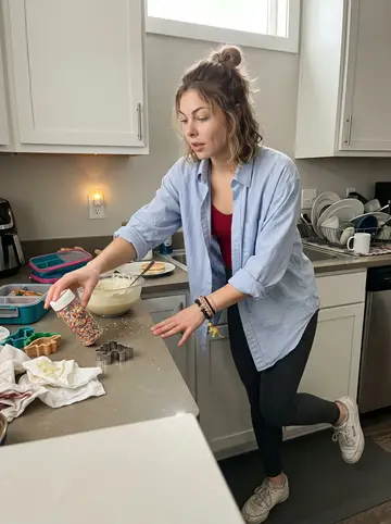 Samantha, AI character: her kitchen on a bright Saturday morning, pancake batter, sprinkles, lunchboxes, and dinosaur sandwich…