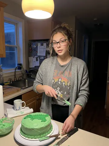 Samantha, AI character: her kitchen late at night in winter, a half-frosted dinosaur cake on the counter and a quiet house behind her