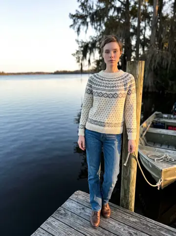 Maja, AI character: a wooden boat landing on a bayou outside Houma, Louisiana at the end of the day, black water and cypress…