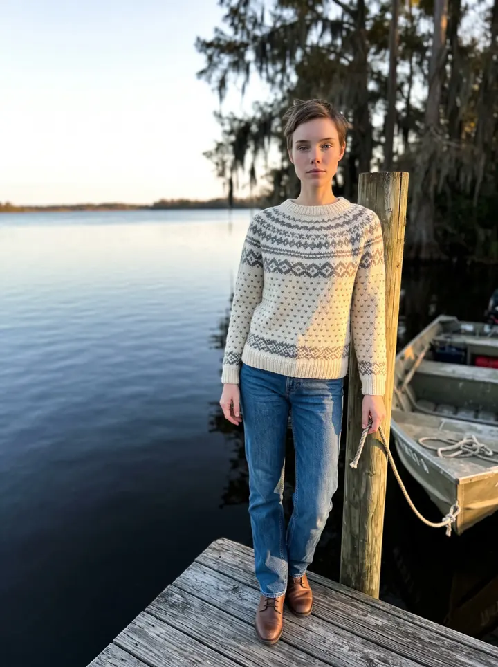 Maja, AI character: a wooden boat landing on a bayou outside Houma, Louisiana at the end of the day, black water and cypress…