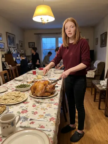 Mira, AI character: her grandmother's small yellow kitchen in Hamtramck on a Sunday, a floury wooden table with rounds of…