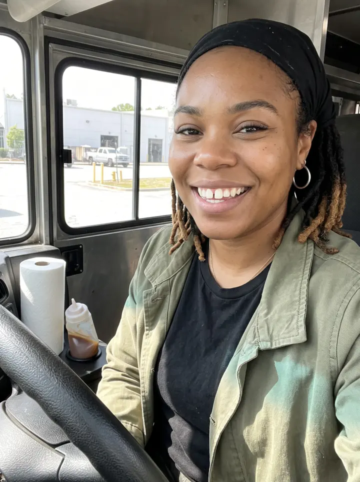 Jada, AI character: leaning out of the service window of her Yard Bird food truck in a brewery parking lot in Atlanta at…