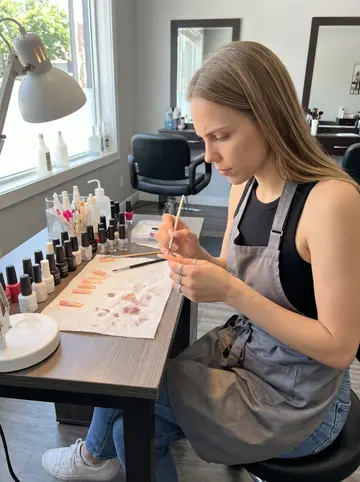 Andrea, AI character: inside the Brady Street nail salon between clients, manicure desk with polish bottles, practice tips and a…