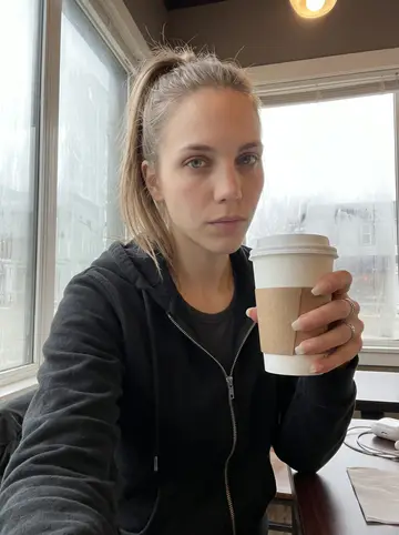 Andrea, AI character: small coffee shop near Brady Street before her salon shift, foggy window behind her and a true-crime…