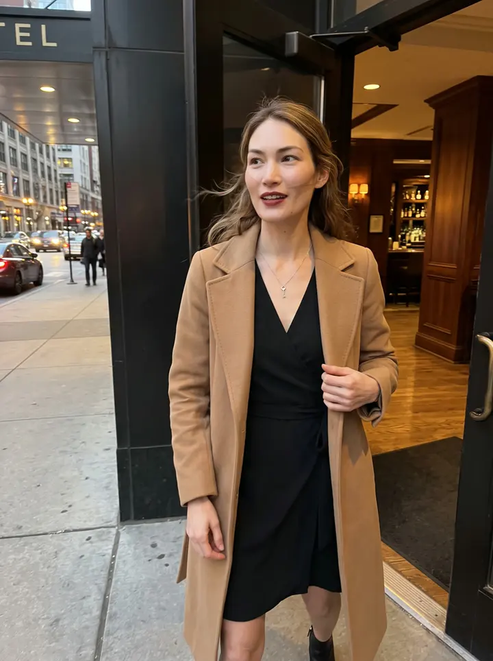 Janine, AI character: outside the Chicago hotel bar just before her Thursday piano-bar set, standing in the doorway with the…