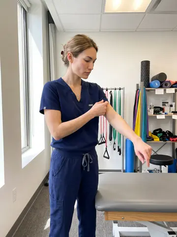 Janine, AI character: a bright physical therapy clinic treatment room in Chicago between appointments, exercise bands and a…