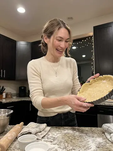 Janine, AI character: her Chicago apartment kitchen in December, making Linzer torte with holiday string lights blurred in the…