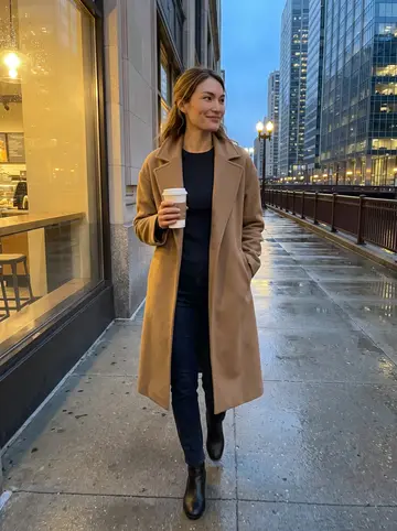 Janine, AI character: a damp Chicago sidewalk near the river after work, coffee cup in hand and office buildings reflecting in…