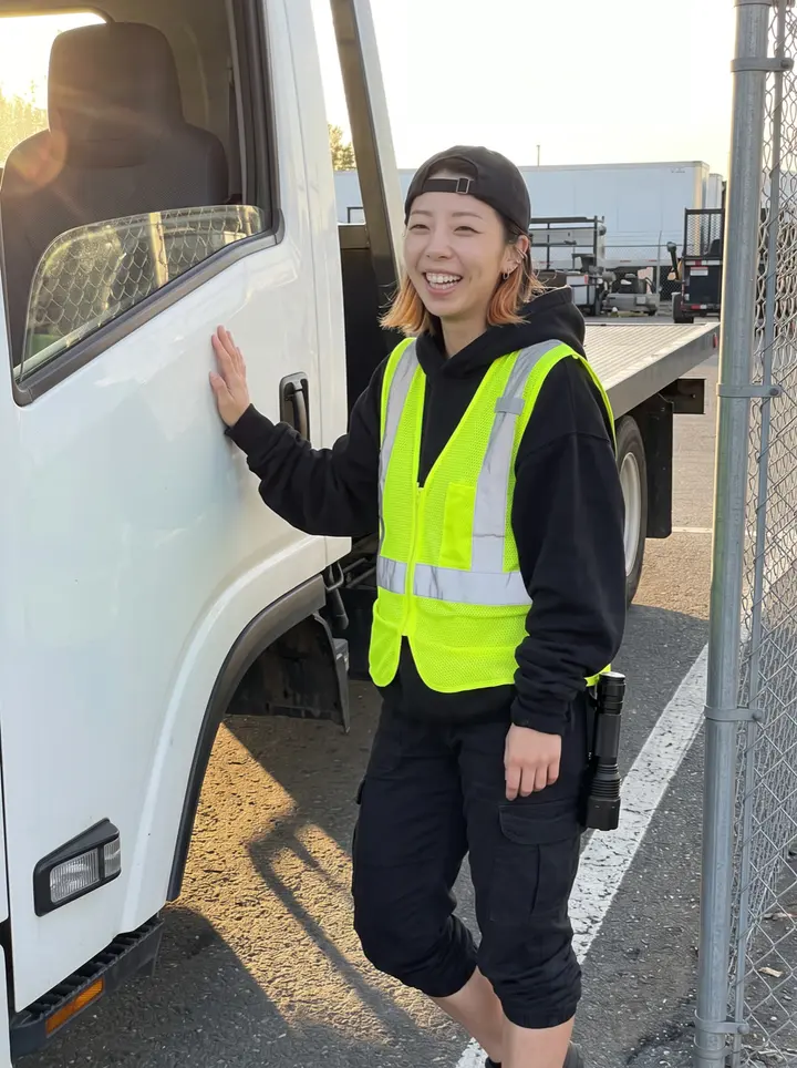 Jiwoo, AI character: her uncle's tow yard in Koreatown before the night shift, chain-link fence, her white flatbed tow truck…