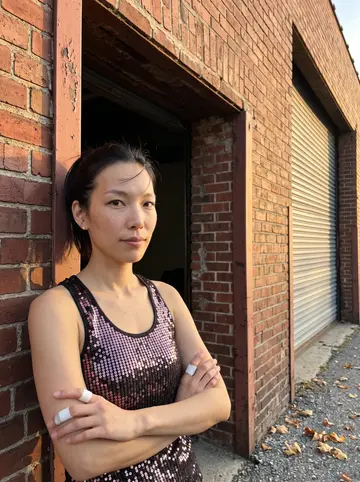 Hana, AI character: outside the brick warehouse in Gresham where her wrestling shows are held, leaning on the frame of the…