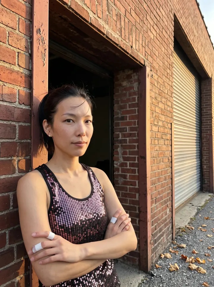 Hana, AI character: outside the brick warehouse in Gresham where her wrestling shows are held, leaning on the frame of the…