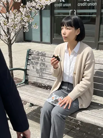 Hana, AI character: a bench outside the credit union on a lunch break, small flowering trees along the sidewalk