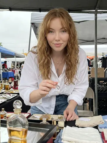 Clarisse, AI character: outdoor flea market table in Little Haiti, rows of vintage perfume bottles and small trays in front of her