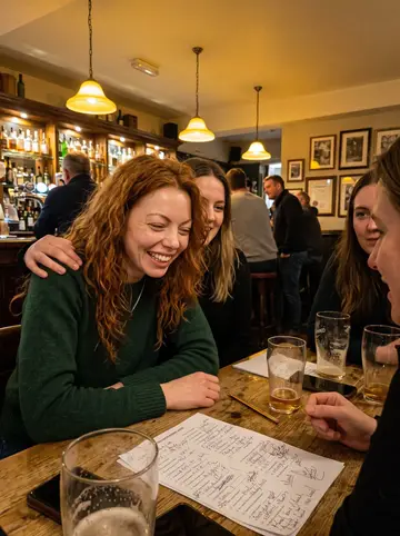 Maeve, AI character: a crowded Dorchester pub on Wednesday pub-quiz night, wooden table with a pint glass, a pencil and a paper…
