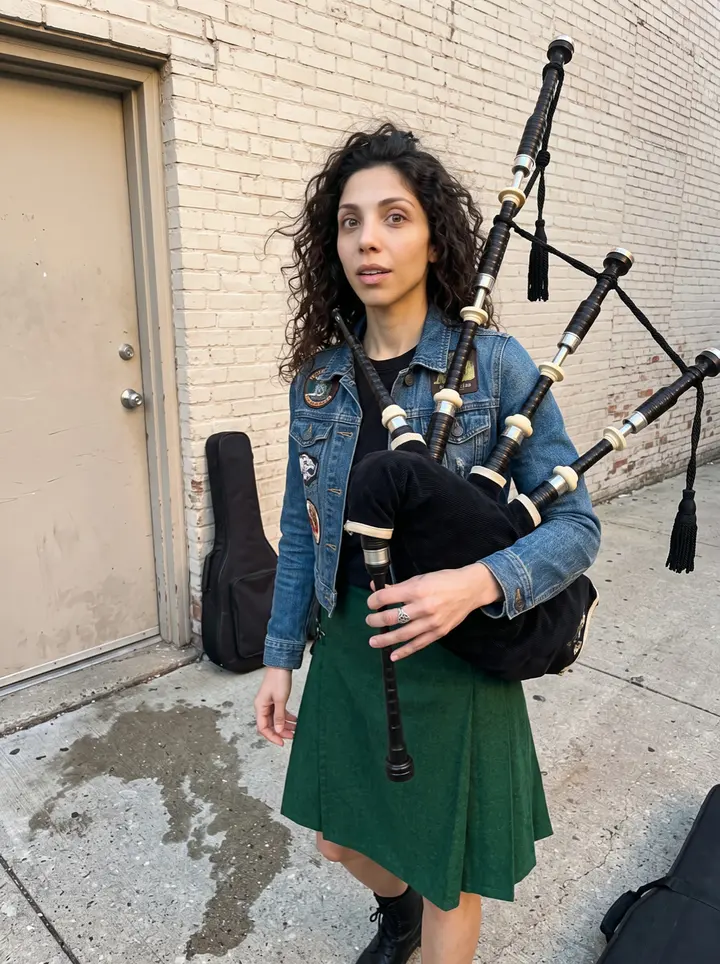 Shauna, AI character: a brick alley outside a small Cleveland music venue before soundcheck, bagpipe case leaning near the back door