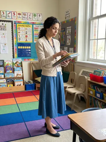 Shauna, AI character: her second-grade classroom after school in Cleveland, reading corner and small chairs behind her