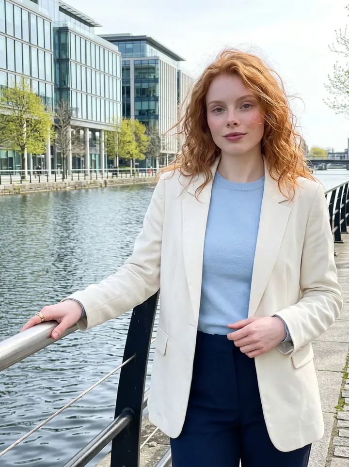 Kerri, AI character: Grand Canal Dock in Dublin after work, standing by the canal railing with glass offices and spring trees…