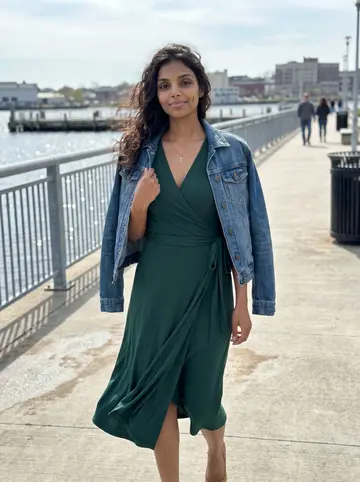 Elisabete, AI character: the Fall River waterfront on a bright spring afternoon, with the railings and water behind her