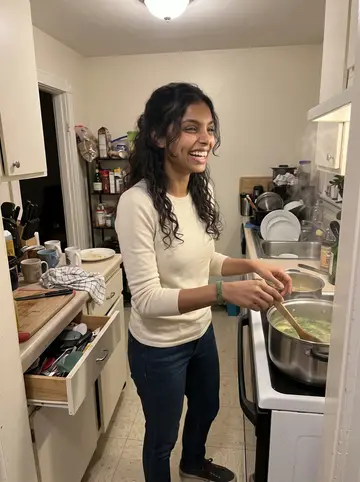 Elisabete, AI character: her small Fall River apartment kitchen on a cold winter night, a pot of caldo verde on the stove