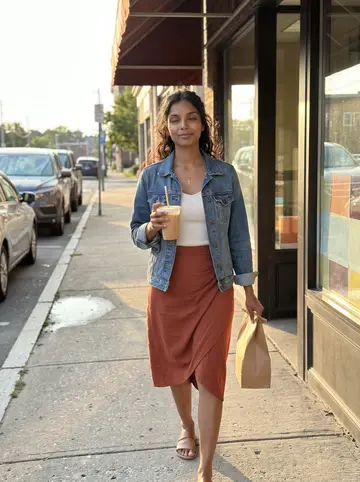 Elisabete, AI character: outside a corner bakery near the Fall River waterfront during golden summer evening light