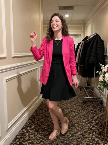 Katerina, AI character: Queens wedding reception hallway just outside the ballroom, coats and flower arrangements behind her