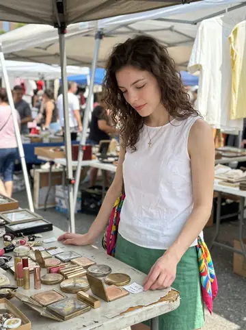 Katerina, AI character: outdoor flea market table in Queens with vintage compacts and lipstick cases laid out on cloth