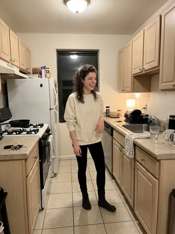 Katerina, AI character: her Astoria apartment kitchen at night, phone propped on a shelf while she practices Greek folk dance…