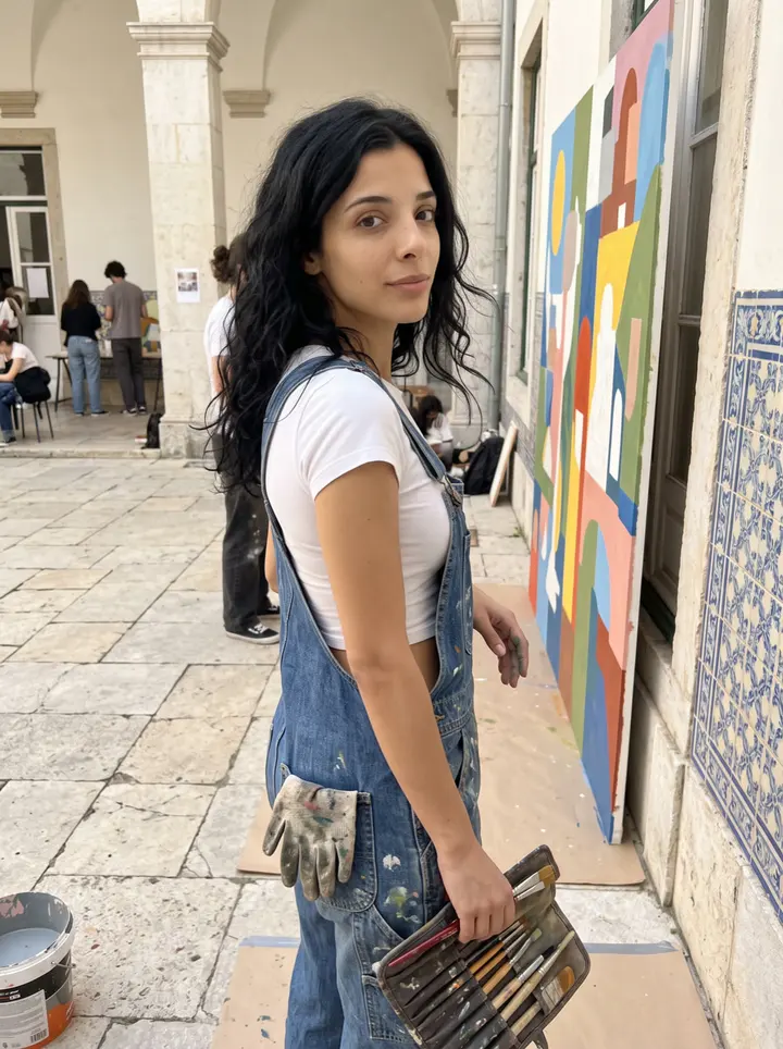 Dolores, AI character: a sunlit art-school courtyard in Lisbon, standing beside a half-finished practice mural panel with tiled…