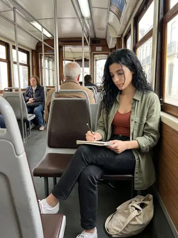 Dolores, AI character: inside a Lisbon tram near a window, sketchbook balanced on her knees while the city slides past outside