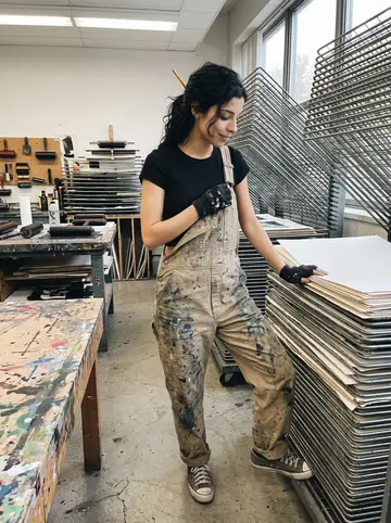 Dolores, AI character: a university printmaking room with drying racks, ink rollers and paint-splattered tables around her