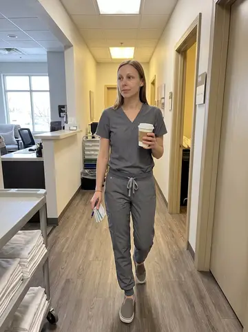 Bethany, AI character: staff hallway of the Kansas City spa between appointments, linen cart and treatment-room doors in the…