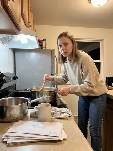 Bethany, AI character: kitchen of the shared Kansas City house she is still living in until it sells, soup pot on the stove and…