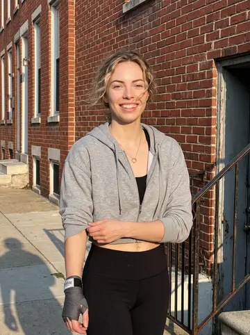 Ellie, AI character: outside her basement boxing gym in Baltimore at golden hour, brick rowhouses and the gym stairwell behind her
