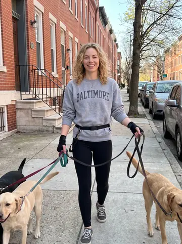 Ellie, AI character: a Federal Hill sidewalk in Baltimore on a busy dog-walking route, rowhouses and stoops behind her