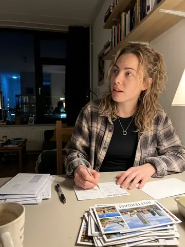 Ellie, AI character: her apartment table late at night, scattered Rotterdam postcards, a pen, and an unsent sarcastic reply in…