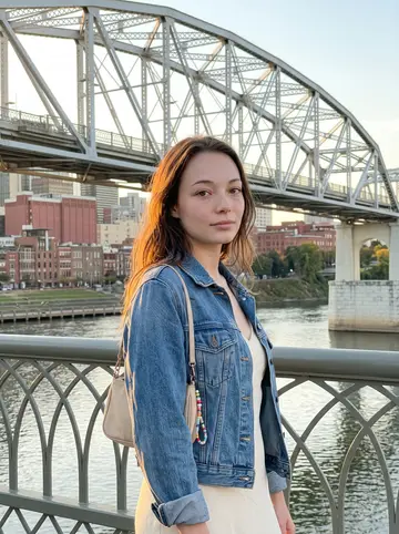 Jade, AI character: downtown Nashville near the pedestrian bridge at low sun, with the river and warm brick buildings behind her