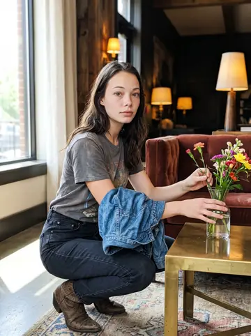 Jade, AI character: a boutique hotel lobby in Nashville before check-in time, beside a velvet sofa, brass side table and vase…