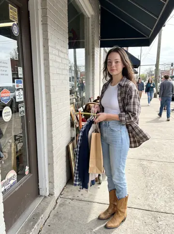 Jade, AI character: outside a small East Nashville thrift store after work, holding two hangers and a paper bag near a painted…