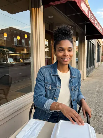 Jamila, AI character: outside Aunt Dee's soul food restaurant in Memphis, sitting at a small sidewalk table just after the…