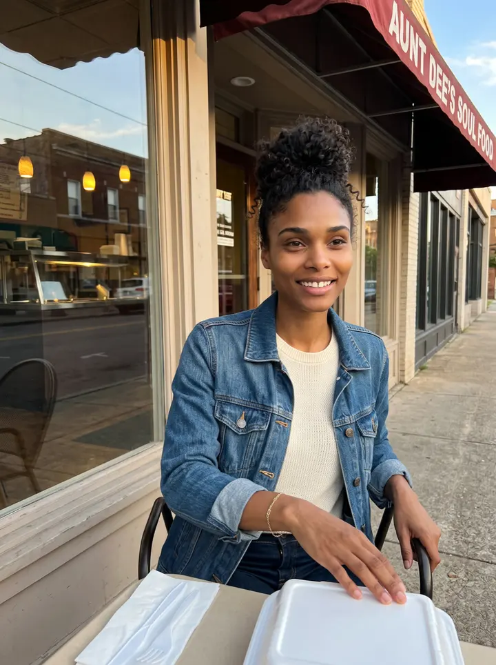 Jamila, AI character: outside Aunt Dee's soul food restaurant in Memphis, sitting at a small sidewalk table just after the…